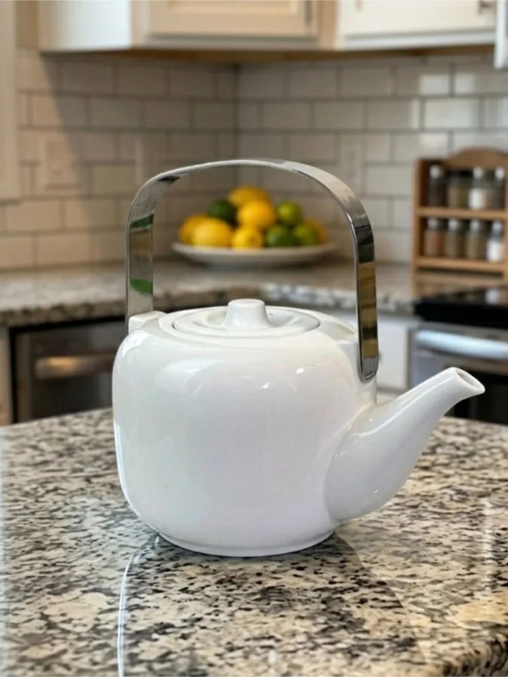 OmniWare Teapot Before Spout Strainer Fold Down Stainless Handle 32 OZ White